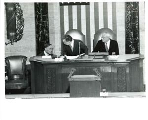 Gerald R. Ford speaking at a joint session of Congress. Carl Albert and James O. Eastland also shown. October 8, 1974, 1974-10-08