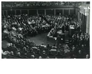 Gerald R. Ford speaking at a joint session of Congress. Carl Albert and James O. Eastland also shown. October 8, 1974, 1974-10-08