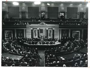 Gerald R. Ford speaking at a joint session of Congress. Carl Albert and James O. Eastland also shown. October 8, 1974, 1974-10-08