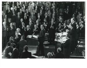 Richard M. Nixon, Gerald R. Ford and Carl Albert shown in the House chambers. December 6, 1973, 1973-12-06