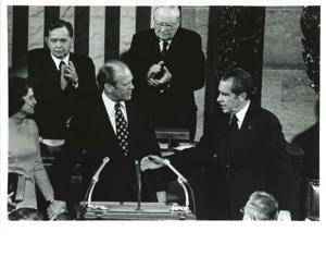 Gerald R. Ford addressing Congress. Carl Albert, James O. Eastland, Richard Nixon are shown. December 6, 1973, 1973-12-06