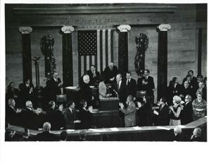 Gerald R. Ford being sworn into office. Carl Albert, James O. Eastland, and Richard M. Nixon are also shown. December 6, 1973, 1973-12-06