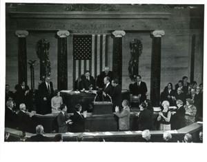 Gerald R. Ford after being sworn into office. From left: Betty Ford, Carl Albert, Gerald R. Ford, James O. Eastland, and Richard M. Nixon. December 6, 1973, 1973-12-06