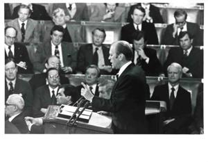 Carl Albert, Nelson A. Rockefeller and a guest speaker during a joint session of Congress., 1973-01-01 - 1973-12-31