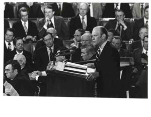Carl Albert and Nelson A. Rockefeller during Gerald R. Ford&#39;s State of the Union address., 1975-01-15