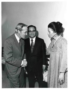Gerald R. Ford with Malvina Stephenson. Joe Foote is behind them., 1975-07-22