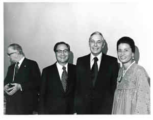 Carl Albert (second from left) shown with three other men at a farewell party for Mr. and Mrs. Dong Jo Kim (Korea)., 1970-01-01 - 1976-12-31