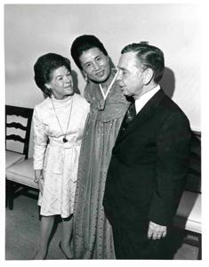 Mr. and Mrs. Dong Jo Kim (Korea) shown with a man at their farewell party., 1970-01-01 - 1976-12-31
