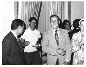 Carl Albert greeting a woman. Actor Lorne Greene is shown standing at her right., 1971-10-01