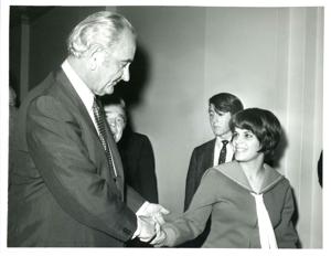 Carl Albert (far right) and his staff with the astronauts. Tamara Kitchens is fourth from right., 1970-01-01 - 1976-12-31
