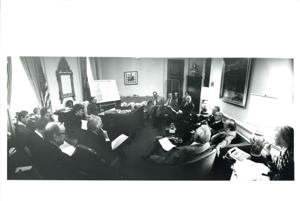 Meeting in Carl Albert&#39;s office. Presentation of key budget process deadlines. Albert present with his staff members and other congressmen., 1970-01-01 - 1976-12-31