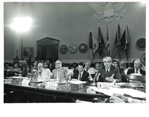Carl Albert (right) at a conference on the economy. July 24, 1975, 1975-07-24