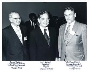 Charles E. Nichols of the United Brotherhood of Carpenters with Carl Albert (right). 1976, 1976-01-01 - 1976-12-31