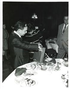 Carl Albert and Phil Knox holding a certificate for the National Baseball Hall of Fame. February 14, 1974, 1974-02-14