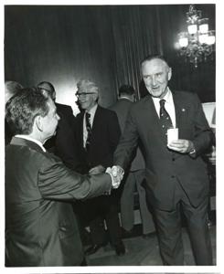 Carl Albert (left) and Roz Wyman at a luncheon., 1970-01-01 - 1976-12-31