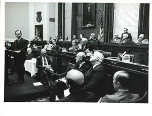 Carl Albert, Edward M. Kennedy, and Roz Wyman at a luncheon., 1970-01-01 - 1976-12-31