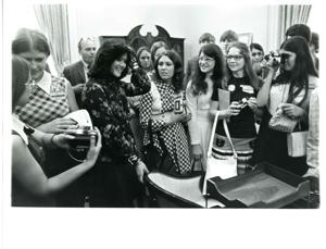 Carl Albert (third from left) with the Oklahoma REC group. Dewey F. Bartlett at right. Beverly Vogel second from right. June 1973, 1973-06-01