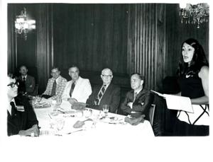 From left in back: James R. Jones, Dewey F. Bartlett, Clem McSpadden, Tom Steed, and Carl Albert. Banquet with members of Oklahoma REC group. June 1973, 1973-06-01