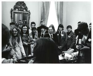 Clem McSpadden (fourth from right), Dewey F. Bartlett (third from left), and Carl Albert with the Oklahoma REC group. June 1973, 1973-06-01