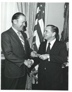 Unidentified people, two of whom are dressed as clowns., 1970-01-01 - 1976-12-31