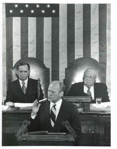 From left: Carl Albert, Joe Hatfield, unknown, and A. C. Smith at the National Broiler Council reception. March 1973, 1973-03-01