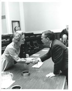 Carl Albert shaking hands with Anwar Sadat., 1970-01-01 - 1976-12-31