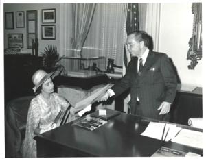 Carl Albert shaking hands with Margaret Thatcher, prime minister of Great Britain., 1970-01-01 - 1976-12-31