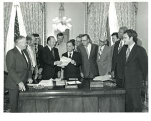 Carl Albert with J. E. Sutton, superintendent of Midwest City-Del City Schools. 1969, 1969-01-01 - 1969-12-31