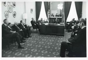 Carl Albert, Hale Boggs, Thomas P. O&#39;Neill, and President Josip B. Tito of Yugoslavia seated in Albert&#39;s office. November 1971, 1971-11-01