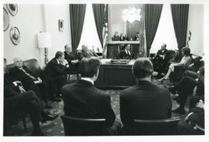 Carl Albert, Wright Patman, Hale Boggs, Thomas P. O&#39;Neill, and President Josip B. Tito of Yugoslavia seated with others in Albert&#39;s office. November 1971, 1971-11-01