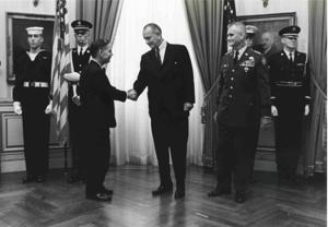 Group of people with Richard M. Nixon. Carl Albert pictured. 1971 Oversized., 1971-01-01 - 1971-12-31