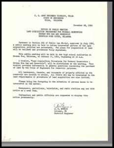 Public Meeting Notice for Land Acquisition Procedures at Broken Bow Dam and Reservoir, 1962-12-28