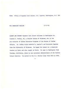 Speaker Carl Albert Welcomes Dr. Clennon E. Sockey as Director of Indian Education Programs, 1974-01-01 - 1974-12-31