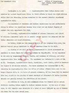 Press Release from Carl Albert to the Third District (re: financial aid for Native American school districts), 1947-04-01