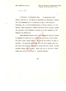 Congressman Carl Albert Announces Per Capita Payments for Choctaws and Chickasaws, 1949-07-02
