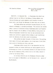 Congressman Albert Facilitates Choctaw-Chickasaw Per Capita Payments for Known Heirs, 1951-01-01 - 1951-12-31