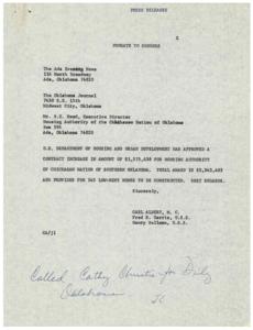 HUD Approval of Contract Increase for Housing Authority of Chickasaw Nation of Oklahoma, 1974-01-01 - 1974-12-31