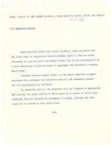 Title: House Majority Leader Announces Resolution to Supplement President&#39;s Disaster Relief Fund, 1964-01-01 - 1964-12-31