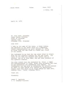 Concerns Regarding Termination of Pat Urrey by Creek Tribe, 1973-01-19