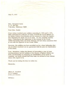 Concerns Regarding Legislation for Creek Indian Funds Distribution, 1973-07-27