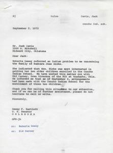 Assistance for Barbara Jean Hicks: Enrolling Children in Concho Indian School, 1973-08-31