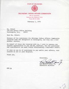 Gratitude for Congressional Support: A Letter from the Oklahoma Indian Affairs Commission, 1974-02-01