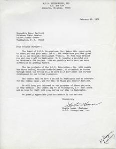 Appreciation for Senator Bartlett&#39;s Support: W.C.D. Enterprises, Inc. Economic Development Project, 1974-02-20