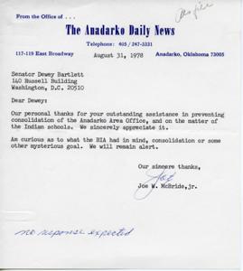 Gratitude for Senator Dewey Bartlett&#39;s Assistance, 1978-08-31