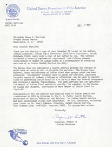 1977 Correspondence Regarding the Requirement of Certificates of Degree of Indian Blood for Health Services, 1977-01-01 - 1977-12-31