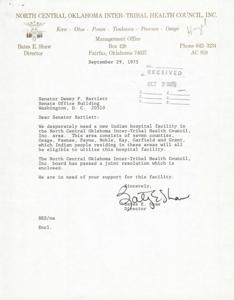 1975 Letter to Senator Bartlett Requesting Support for a New Indian Hospital Facility in North Central Oklahoma, 1975-09-29