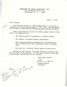 ["The document  is a series of communications regarding an upcoming conference on Indian housing, including a letter inviting participation, a telegram questioning the planning of the conference, and a thank you letter for support of an amendment to the Omnibus Housing Bill."]