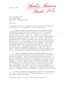 ["The document addresses issues with welfare recipients in public housing receiving double subsidies and the problems facing the housing authority and its commissioners. It emphasizes the need for Don Bluejacket and the Senator to be aware of these issues and suggests meeting with the director for more information. It also mentions other topics that need to be discussed in person rather than over the phone or mail."]
