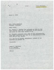 ["Mrs. Clara Morrison of Watonga, Oklahoma had a complaint regarding the house being constructed for her by the Housing Authority of the Cheyenne-Arapaho Tribes of Indians. The Department of Housing and Urban Development investigated the complaint and addressed specific issues raised by Mrs. Morrison. They assured her that her concerns were being addressed and encouraged her to continue working with the Tribal Housing Authority to resolve any differences. Senator Dewey F. Bartlett was informed of the investigation and asked to hold off on any planned moves regarding the Oklahoma Indian Housing program until further review and consultation with tribal authorities."]