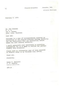 ["Senator Dewey F. Bartlett is requesting assistance from Bob Breeden at the Department of Housing and Urban Development regarding the activities of the Cheyenne-Arapahoe Housing Authority and their contractors. He asks for information to clarify the situation and requests a copy of the response to be sent to Roberta Dewey in his Oklahoma City office."]
